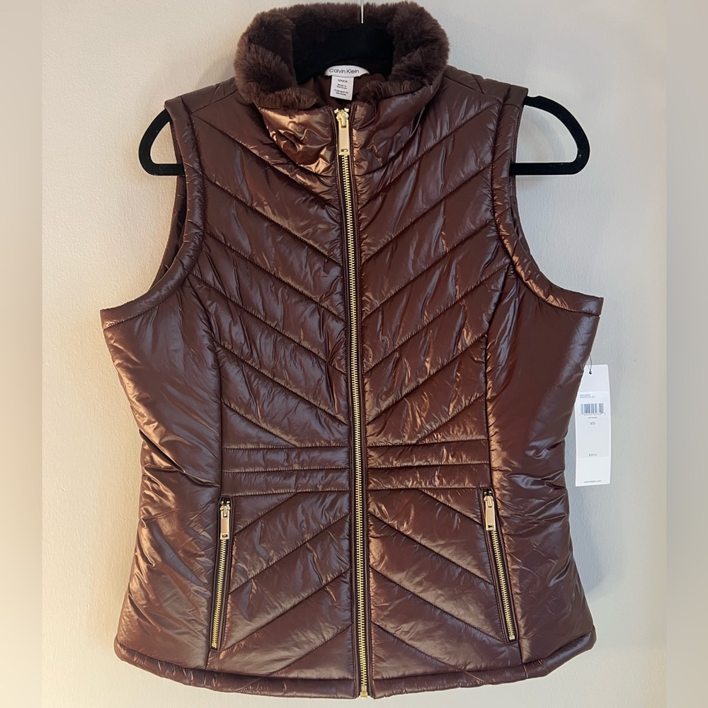 Calvin Klein Vest NWT Quilted Sleeveless Rich Brown with Gold Zippers